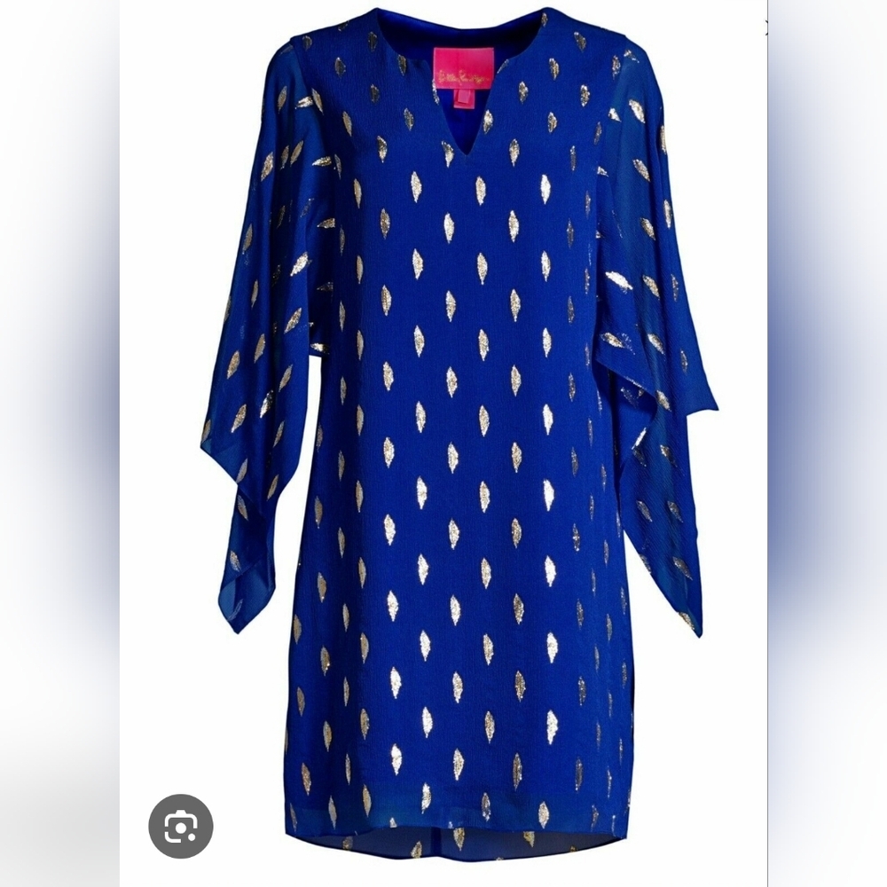 Lilly Pulitzer Shalynn Silk Caftan Dress Diamond Metallic Clip Lapis Lazuli 6